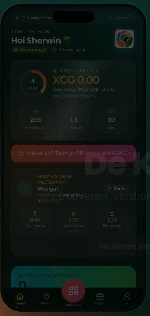 Startscherm van de Kunuku Man app met saldo en level